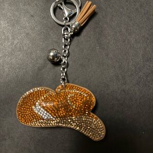 Mint Tan and Gold Crystal Cowboy Hat Keychain Charm with Tassel